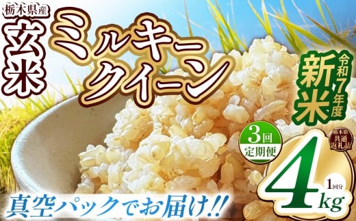 【栃木県共通返礼品】【先行予約】【定期便3回】【数量限定】令和7年度新米 栃木県産ミルキークイーン（玄米真空パック） 2kg×2  | 定期便 玄米 精米 お米 コメ ミルキークイーン 先行予約 ブランド米 栃木県 特産品  下野市 送料無料
