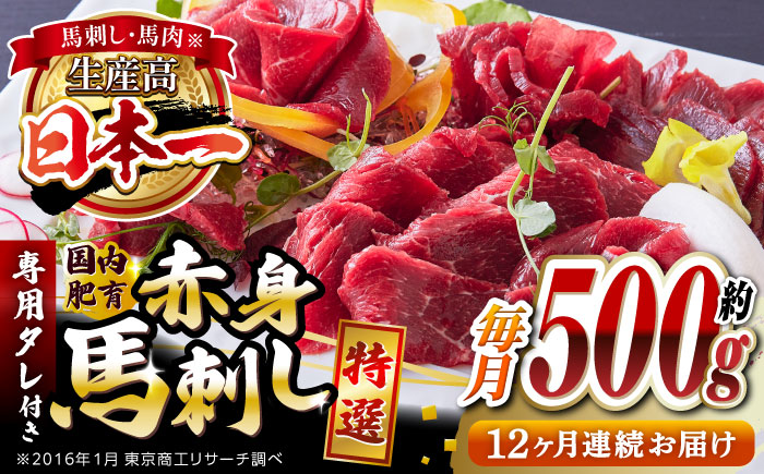 【全12回定期便】国内肥育 馬刺し 特選赤身 約500g 専用タレ付き 熊本 山都町 冷凍 馬肉 馬刺 ヘルシー 小分け【有限会社 丸重ミート】[YAK041] 