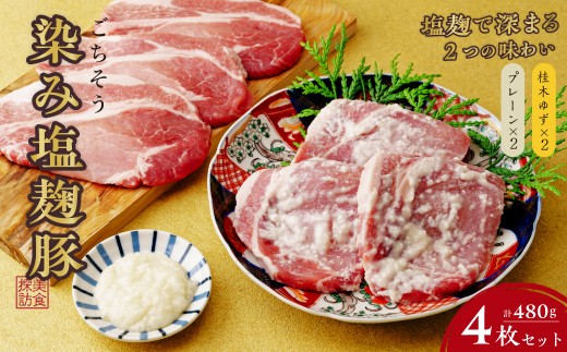 塩麹豚 【4枚】美食探訪 ごちそう染み塩麹豚 120g×4枚 合計480g プレーン 柚子  | 豚肉 肉 ハーブ三元豚 塩こうじ 塩こうじ豚 ゆず ユズ セット おすすめ オススメ ステーキ ギフト 味付け肉 冷凍 冷凍豚肉 安心 国産 簡単 焼くだけ 冷凍 時短 贈り物 健康志向 最適 プレゼント おとりよせ 焼き肉 ミートもとむら 埼玉県 東松山市