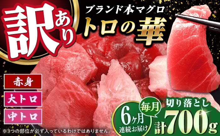 
            【全6回定期便】訳あり！対馬産 本マグロ 切り落とし 700g（10パック） ≪対馬市≫【桐谷商店】 トロの華 冷凍 新鮮 海鮮 小分け マグロ [WAQ041]
          