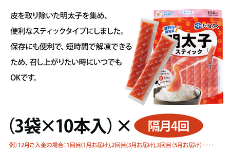 【定期便】 ☆CMで話題☆ 明太子 かねふく スティック 30本 (10本×3袋) 900g × 隔月4回 （2カ月に１度 30本 × 4回 お届け） 使い切り ばらこ 個包装 無着色 茨城 大洗 め