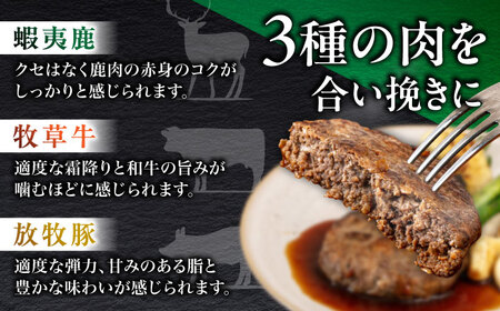 【全12回定期便】【蝦夷鹿×牧草牛×放牧豚】ハンバーグ 5個 《厚真町》【GOODGOOD株式会社】 ハンバーグ 鹿肉 牛肉 豚肉 小分け 冷凍配送 北海道[AXBP021]