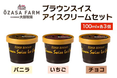 大笹牧場 ブラウンスイス アイスクリーム 3種詰め合わせ (バニラ／いちご／チョコ) ｜アイス バニラ いちご チョコレート ギフト スイーツ デザート 詰め合わせ アソート おやつ 贈答 人気 春 夏 秋 冬 歳暮 中元 母の日 父の日 ギフト プレゼント 人気 日光 霧降高原 栃木 [0844]