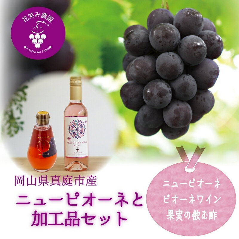 【ふるさと納税】 岡山 花笑み農園『ニューピオーネ&ピオーネワイン&飲む酢ピオーネ』 ピオーネと加工品セット P-WN hana73 ※2025年9月～順次発送 岡山 真庭 濃厚 大粒 ピオーネ ワイン ロゼワイン フルーティー 酢 飲む ビネガードリンク 贈答用【1602103】