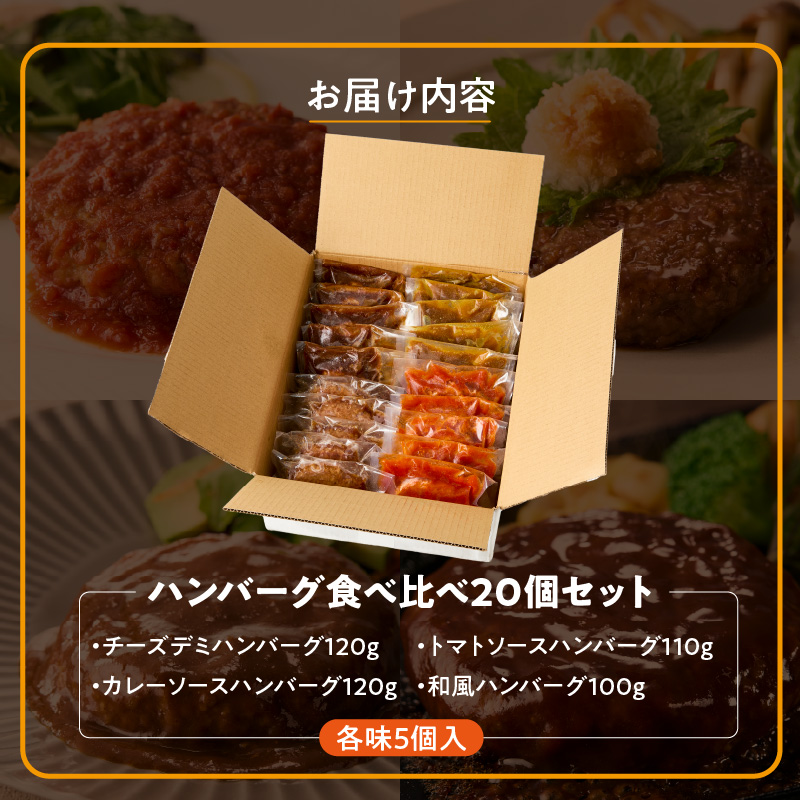 ハンバーグ食べ比べ20個セット_4種 20個 チーズデミ 和風 トマトソース カレーソース ハンバーグ 各5個 冷凍 温めるだけ 湯煎 レンジ 電子レンジ バラエティ 個包装 小分け 食べ比べ お弁当 簡単調理 お取り寄せ お取り寄せグルメ 福岡県 久留米市 送料無料_Ax405