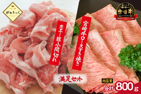 宮崎牛霜降りロースすき焼きとホエー豚小間切れセット 計800g（牛肉 和牛 豚肉 ロース 小間切れ こま切れ 豚小間 すき焼き すき焼き用 牛肉 ロース 小間切れ スライス 肩ロース すき焼き 生姜焼き お肉 国産 小分け 冷凍 カミチク )