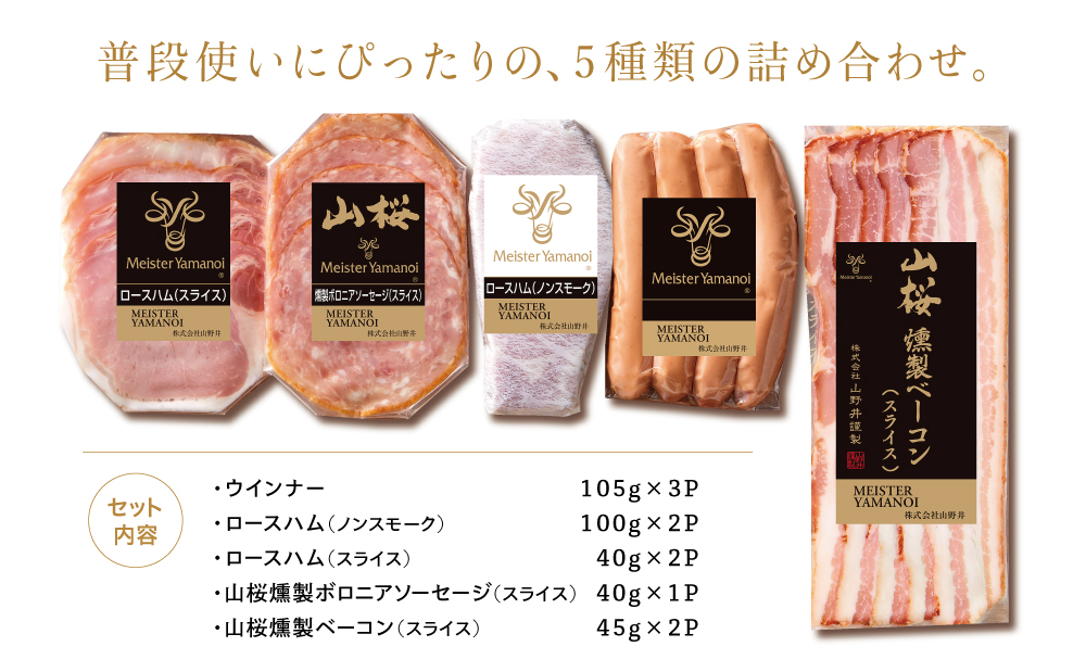 【マイスター山野井】ハム ソーセージ 5種 詰合せ 計10P ウインナー ベーコン ハム スライス お取り寄せ 肉 豚肉 詰め合わせ 詰合せ セット ご当地 鹿児島 グルメ ギフト 贈答 冷蔵 南さつ