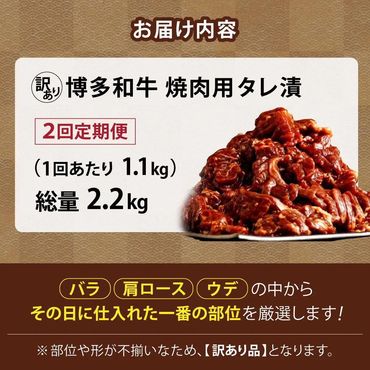 寄附額改定↓ ＜定期便・全2回＞【訳あり】博多和牛A4ランク以上焼肉用タレ漬1.1kg（550g×2個）