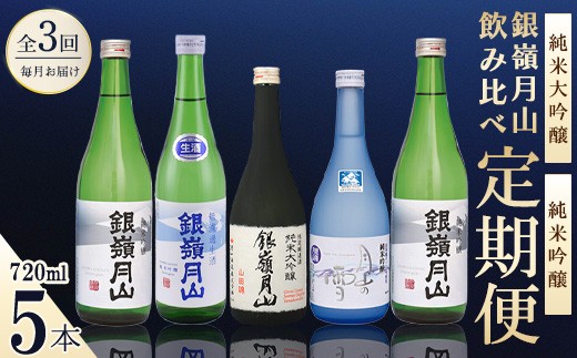 
                  日本酒 定期便 全3回 720ml 計5本 日本酒 純米大吟醸 純米吟醸 銀嶺月山【2026年12月以降発送予定】　036-E-GS024
                