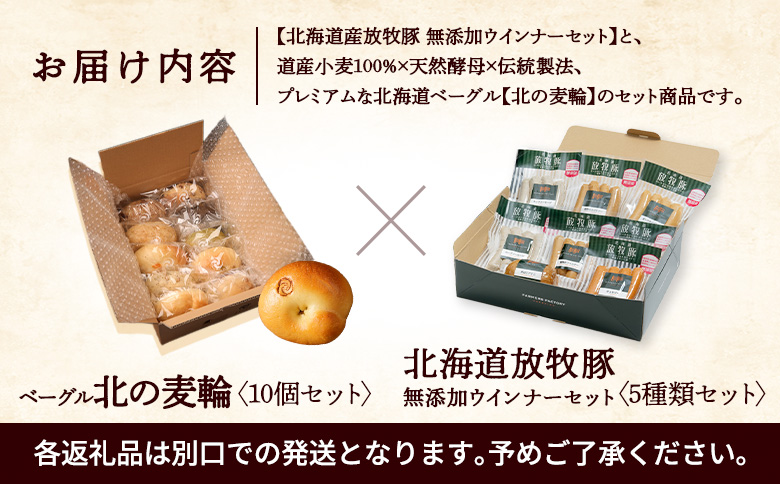 「北海道産放牧豚 無添加ウインナーセット」とトモヱベーグル「北の麦輪」10個セット【C99029】