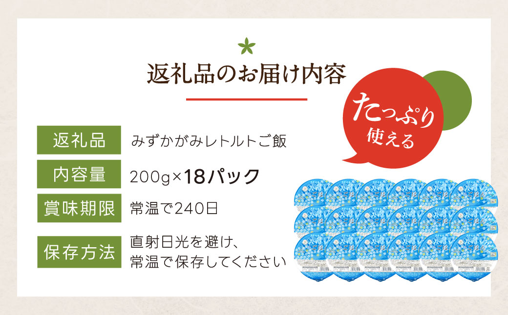 JAグリーン近江 みずかがみ レトルト ご飯 200g×18個　O-I05　グリーン近江農業協同組合