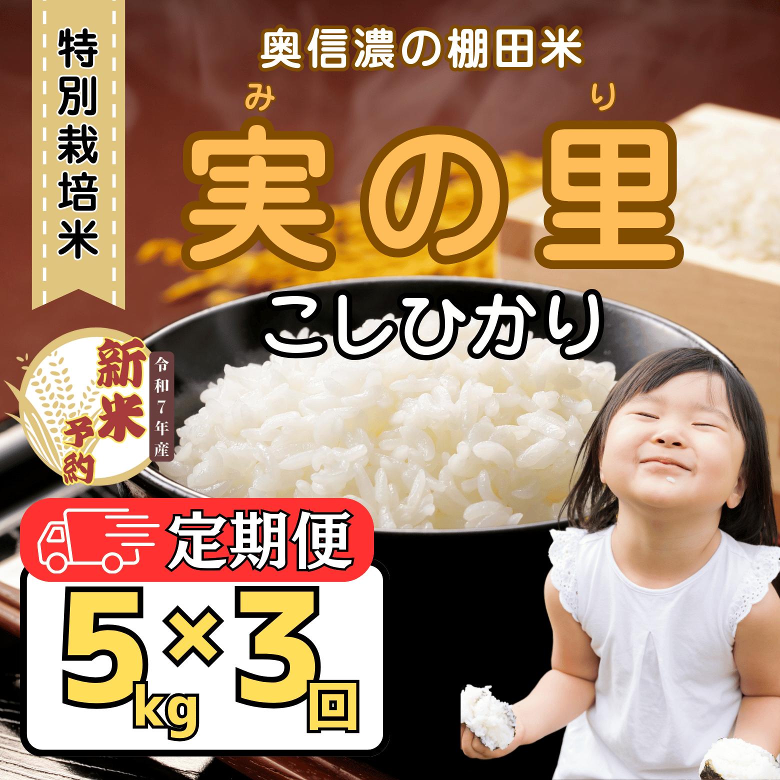 【先行予約】【定期便】<令和７年産新米> 特別栽培米 『奥信濃の棚田米 実の里』 こしひかり 精米 5kg×3回 (7-25A)