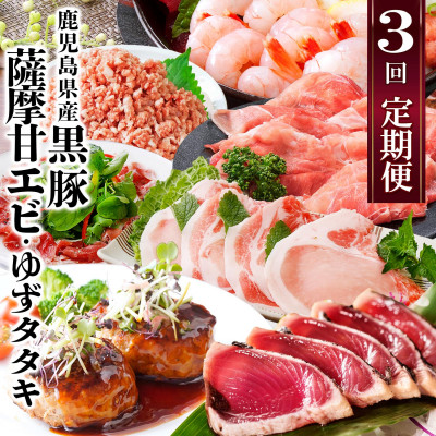 【定期便3回配送】鹿児島県産黒豚・天然タカエビ(薩摩甘エビ)・鰹たたき　OO−0002【配送不可地域：離島】【1535940】