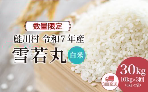 ＜令和7年産 鮭川村 雪若丸＞【白米】 定期便 30kg （10kg×1ヶ月間隔3回発送）＜配送時期指定可＞ ◇数量限定となります◇