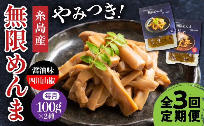 
                  【全3回定期便】【国産】無限 めんま 100g × 2種 食べ比べ セット ( 醤油味 / 四川山椒味 ) メンマ 糸島市 / 株式会社竹次郎 [AWJ008]
                