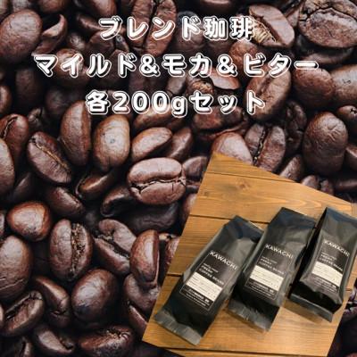 ふるさと納税 藤井寺市 焙煎したてオリジナルブレンド珈琲3種セット(マイルド・モカ・ビター各200g挽粉タイプ)