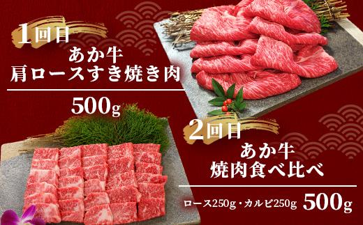 【定期便6回】あか牛 贅沢 定期便 < 肩ロースすき焼き500g・焼肉食べ比べ500g・赤身すき焼き肉800g・サイコロステーキ800g・ロースステーキ600g・4種のステーキセット > 【 牛肉 肉