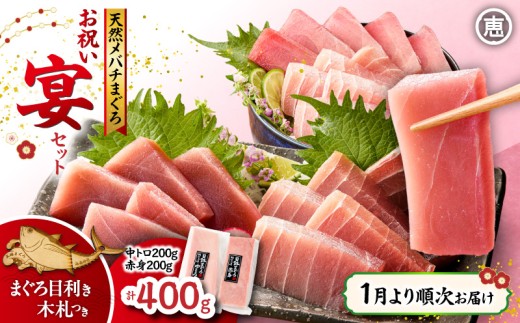 【1月より順次お届け】天然 目鉢まぐろ お祝い宴セット 中トロ200g 赤身200g 迎春 三崎まぐろ 三崎恵水産　M020-020-6