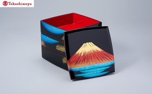 輪島塗〈大藤漆器店〉三段重（6.0寸）　溜内朱　青に松沈金［髙島屋選定品］