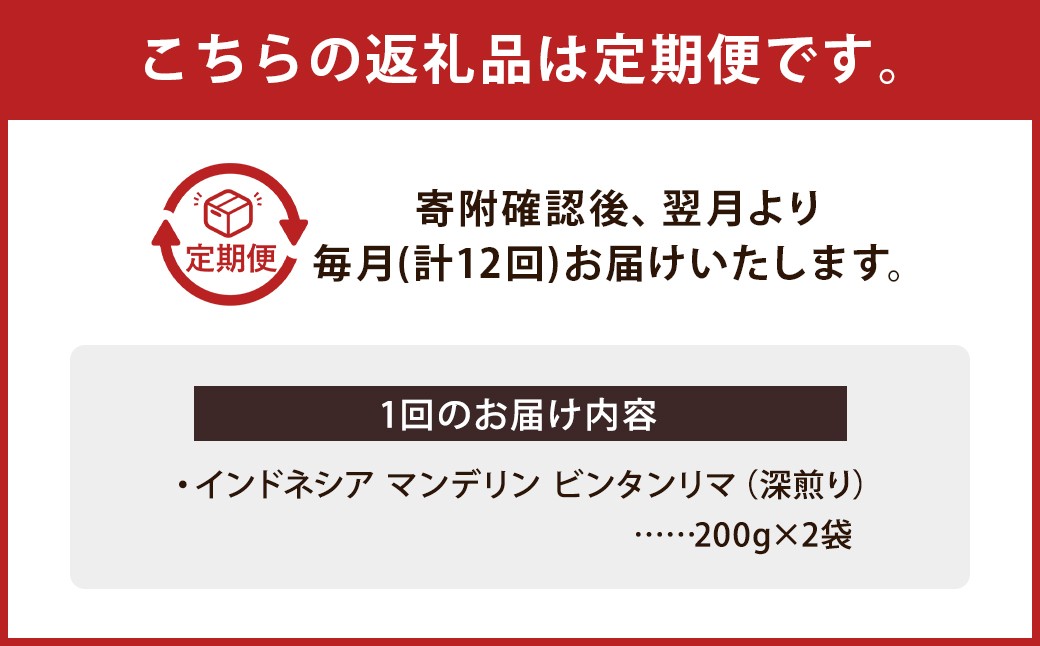 【粉】 【12か月定期便】インドネシア マンデリン ビンタンリマ G1 スマトラ式 （深煎り） 400g コーヒー 珈琲 粉 こな
