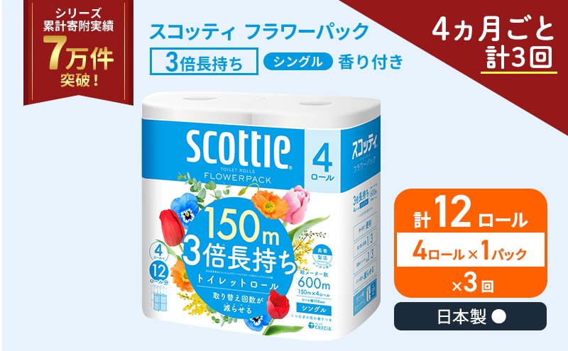 
                  定期便 トイレットペーパー シングル スコッティ フラワーパック 3倍長持ち 4ロール × 1パック 香り付き《 4ヶ月ごと計 3回 》 [№5704-1902]
                