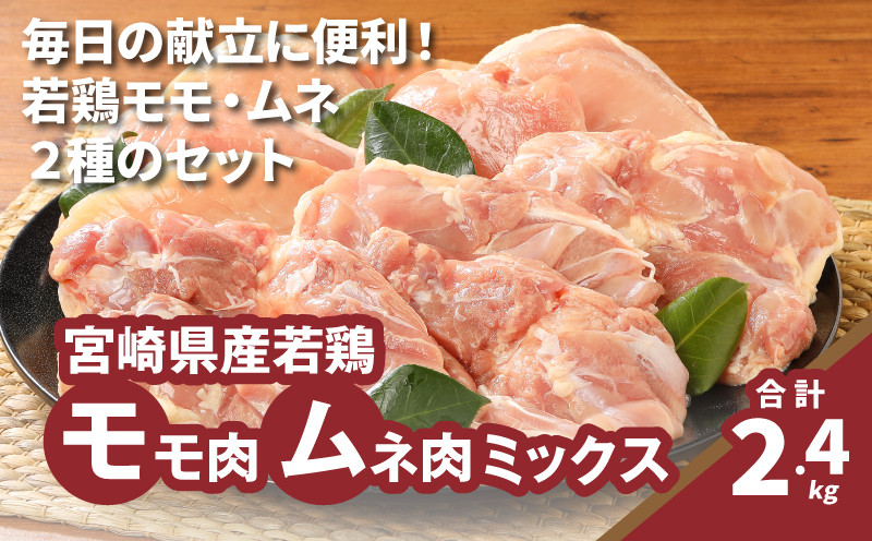 
            宮崎県産若鶏 モモ肉ムネ肉ミックス【計2.4kg】K16_0116 国産 鶏肉 冷凍 鶏モモ肉 もも肉 真空パック 大容量パック もも じゅわ～っと美味しい 夜ご飯 おかず 鶏肉料理 一枚肉 国産鶏 新鮮 送料無料
          