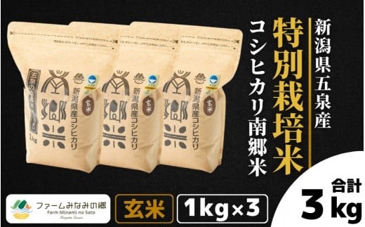 令和7年産 コシヒカリ「南郷米」玄米 3kg（1kg×3袋） 特別栽培米 五泉産 | 新潟産コシヒカリ 新潟県産コシヒカリ 新潟県産こしひかり 米 お米 こしひかり 玄米 ブランド米 新潟県 五泉市 ファームみなみの郷