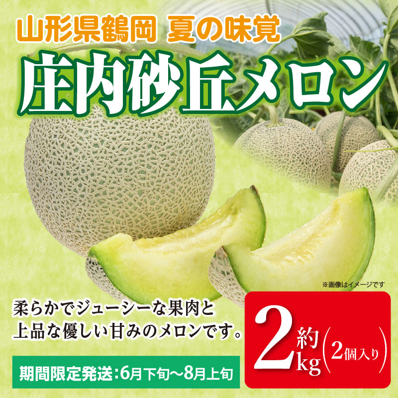 【令和8年産】庄内砂丘メロン 約2kg　2L～3Lサイズ （2個入り）アンデスメロン　サンエイファーム　| メロン めろん 2キロ フルーツ 果物 くだもの 夏 旬 デザート 産地直送 山形 鶴岡 庄内 庄内産 東北 人気 おすすめ 美味しい 贈答 国産 お取り寄せ 返礼品