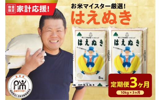 【3ヶ月定期便】 令和7年産 はえぬき 10kg ( 5kg × 2袋 ) × 3回 計30kg 2025年産 精米 米 白米 ブランド米 お米マイスター 厳選 送料無料 山形県 米沢市