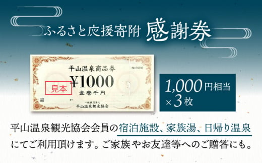 平山温泉 観光協会 ふるさと応援寄附 感謝券 1,000円相当×3枚【一般社団法人 平山温泉観光協会】 [ZBW002]