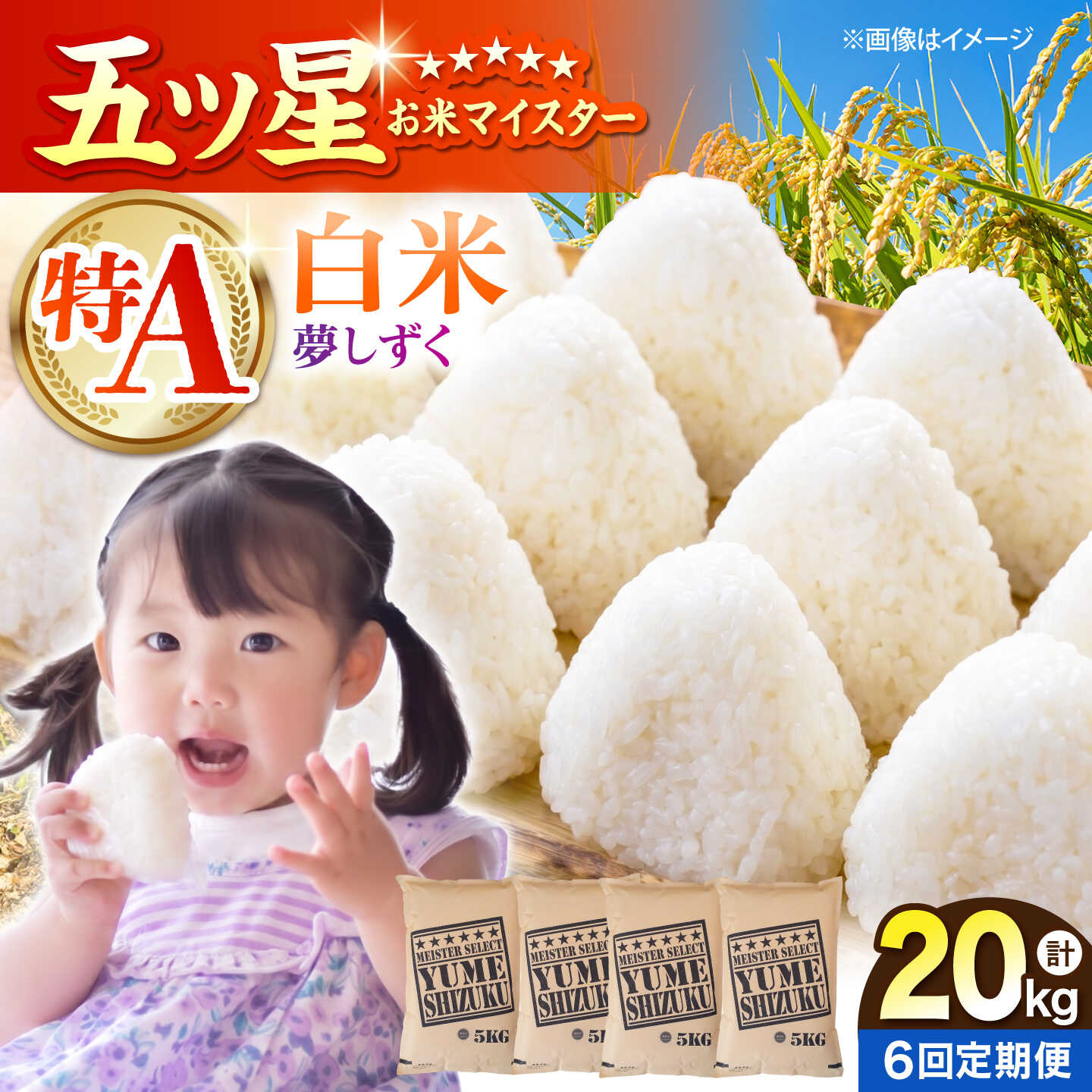 【ふるさと納税】【全6回定期便】 夢しずく 白米 20kg（5kg×4袋）【五つ星お米マイスター厳選】特A米 特A評価[HBL138]