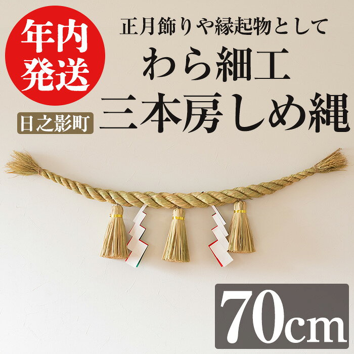 【ふるさと納税】＜先行予約受付中！2026年12月中に発送予定＞三本房しめ縄(70cm) 数量限定 縁起物 装飾 工芸品 民芸品 手作り しめ縄 正月 お正月 元旦 しめなわ わら細工 伝統工芸品 年内発送 【WR013】【株式会社たくぼ】