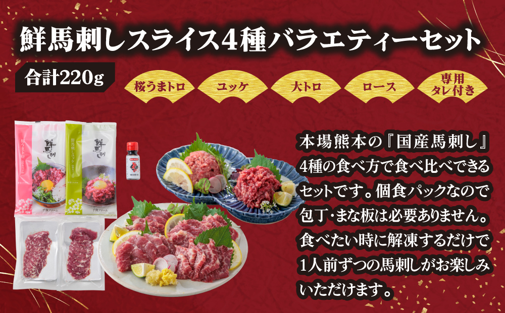 【千興ファーム】4種食べ比べ 国産 鮮馬刺し バラエティーセット 計220g 桜うまトロ ユッケ 大トロ ロース  専用タレ付き 小分け 真空パック 熊本 阿蘇市