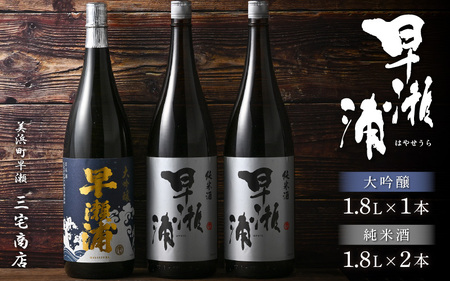 入手困難【早瀬浦】大吟醸 1800ml × 1本 ＆ 純米酒 1800ml × 2本 セット【飲み比べ 日本酒 地酒 福井 美浜 早瀬 フルーティ 男酒 硬水 ミネラル 希少 ご褒美 家飲み 】[m16-f003]
