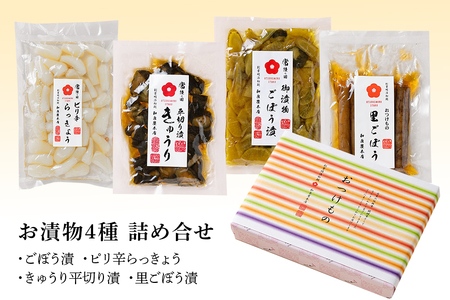おつけもの 小袋4種詰め合わせ 80g×4パック ごぼう漬 ピリ辛らっきょう きゅうり平切り漬 里ごぼう漬 国産野菜使用 昔ながらの漬物 乳酸菌発酵 甘口醤油仕立て ご飯のお供 茨城県 潮来市 (A3