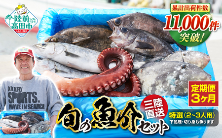 【3ヶ月定期便 / 下処理済】鮮魚セット 特選 三陸海の恵み詰め合わせ  (1回あたりのお届け目安：2～3人用) 【 鮮魚 海鮮 お刺身 魚介 魚介類 鮮魚BOX 詰め合わせ セット 三陸産 国産 天然 宴会 時短 便利 簡単 お手軽 岩手県 陸前高田市 産地直送 】 RT1000