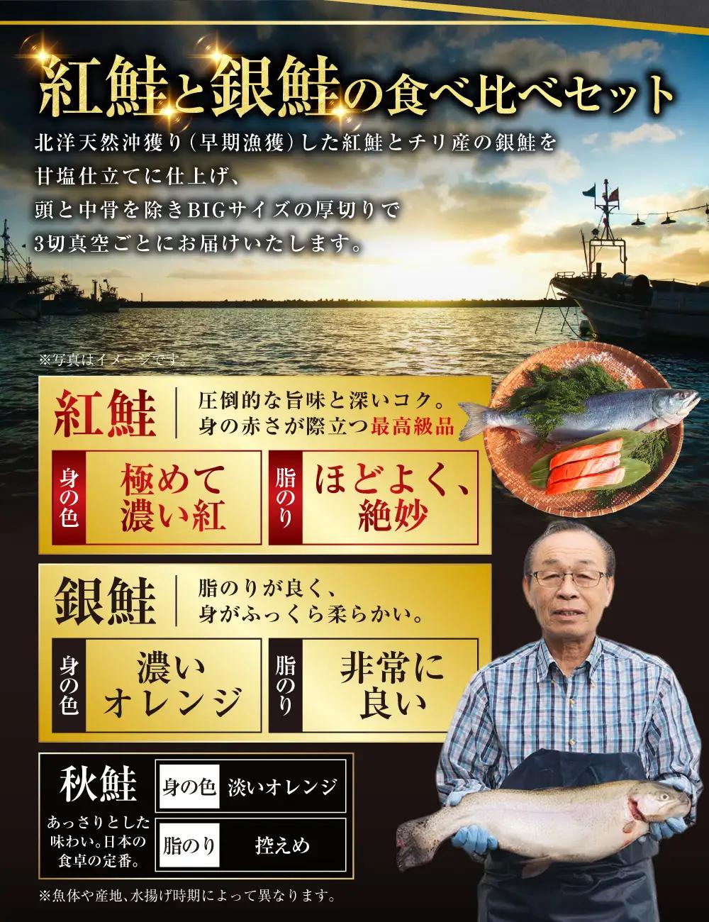 【ふるなび限定】 紅鮭 銀鮭 食べ比べ 計12切れ（紅鮭 3切れ×2パック・銀鮭 3切れ×2パック） 小分け 真空保存 【14営業日以内に発送】 鮭 さけ しゃけ 魚 海鮮 魚介 セット 真空パック 