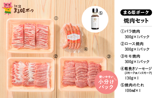 まる姫ポーク　焼肉セット(ロース焼肉・バラ焼肉・モモ焼肉・粗挽きソーセージ・めしガッツリ焼肉のタレ)