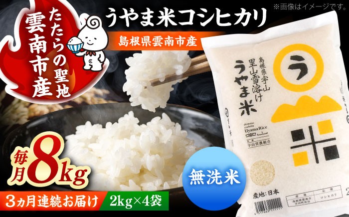 
                  無洗米 【全3回定期便】【無洗米】神話の里/吉田町「うやま米」コシヒカリ 8kg（2kg×4）白米 精米 コメ おすすめ 人気 お米 米 ごはん ご飯 食卓 主食 ブランド米 お取り寄せ グルメ ご当地米 贈り物 贈答 ギフト 家族 ファミリー 時短 便利 定期便 小分け 8キロ 毎月お届け おいしい 国産 新生活 ストック お弁当 島根県雲南市/有限会社藤本米穀店 [AIDB084]
                