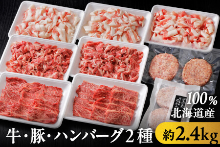 北海道　牛肉　豚肉　冷凍ハンバーグ｜ニークファクトリーの牛・豚・ハンバーグ2種のファミリーセット＜約2.4kg＞　［030-N62］　※オンライン申請対応