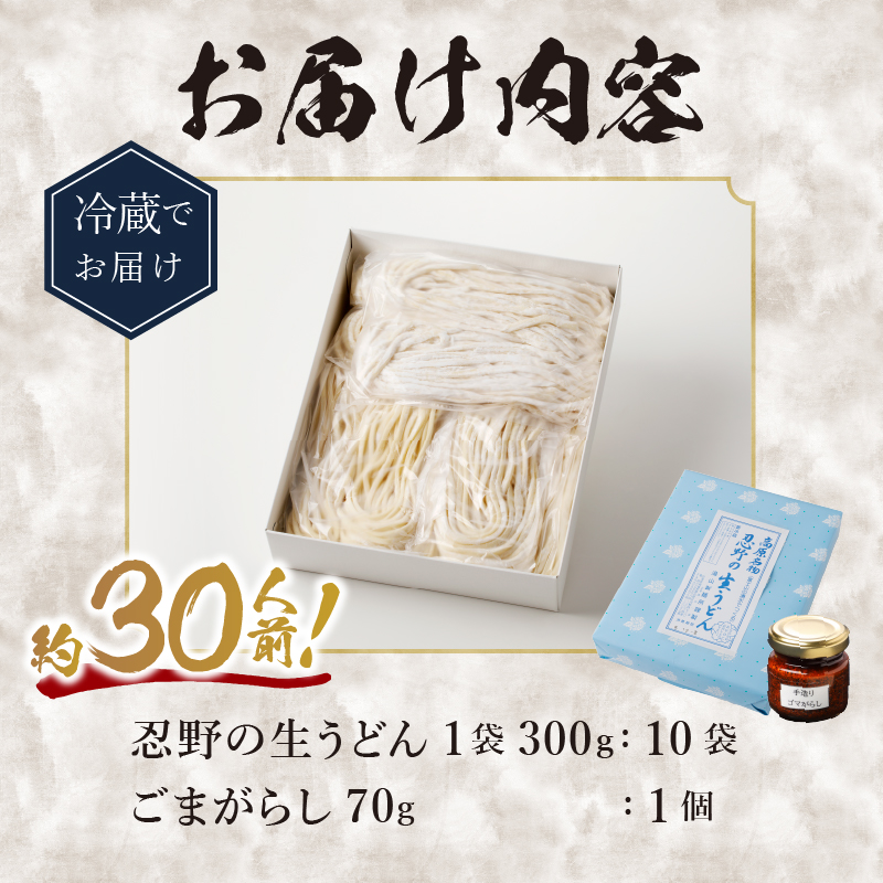 富士山の流水で作る「忍野の生うどん」約30人前（300ｇ×10袋）+ごまがらし1瓶