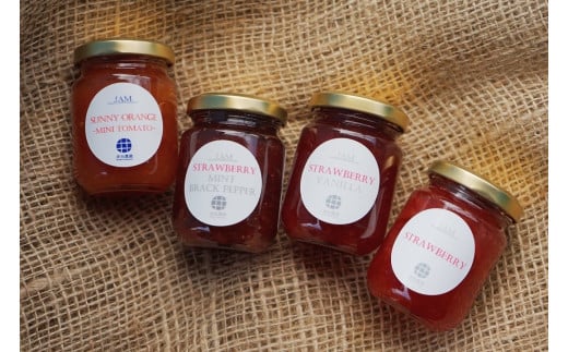 ジャム 4個 セット ブレンド いちご 苺 イチゴ 完熟 ミニトマト トマト 濃厚 デザート 果物 くだもの フルーツ 甘み 酸味 ビタミンC 抗酸化作用 リコピン 栄養 ミント 黒胡椒 バニラ サニーオレンジ オリジナル 野菜 やさい ヤサイ 井出農園 かかりつけ農家 神奈川 湘南 藤沢