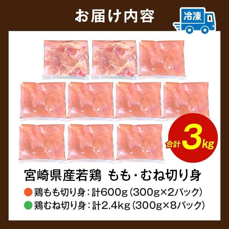 鶏肉 宮崎県産 若鶏 もも肉 むね肉 切り身 3kg 鶏肉[300g×10P]