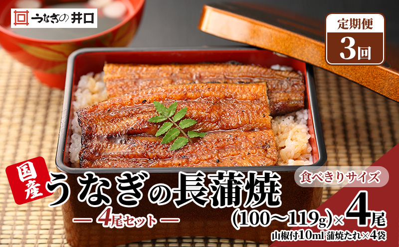 【定期便３回】国産うなぎ長蒲焼（100～119g）4尾セット ITI