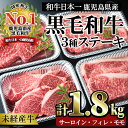 【ふるさと納税】＜国産！鹿児島県産A4未経産牛＞黒毛和牛肉のステーキ♪フィレ肉(150g×4枚)・サーロインステーキ(180g×4枚)・モモ肉(120g×4枚)贅沢三昧セット！(合計12枚・計1.8kg) 牛 牛肉 国産 A4 食べ比べ 詰め合わせ セット 黒毛和牛 冷凍 贈り物【Meat you】