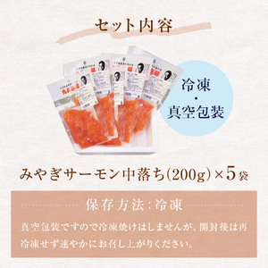 海鮮丼用 みやぎサーモン 中落ち 小分け 200g×5袋 石巻市 宮城県産 銀鮭 真空包装 冷凍 刺身 寿司 丼 1kg