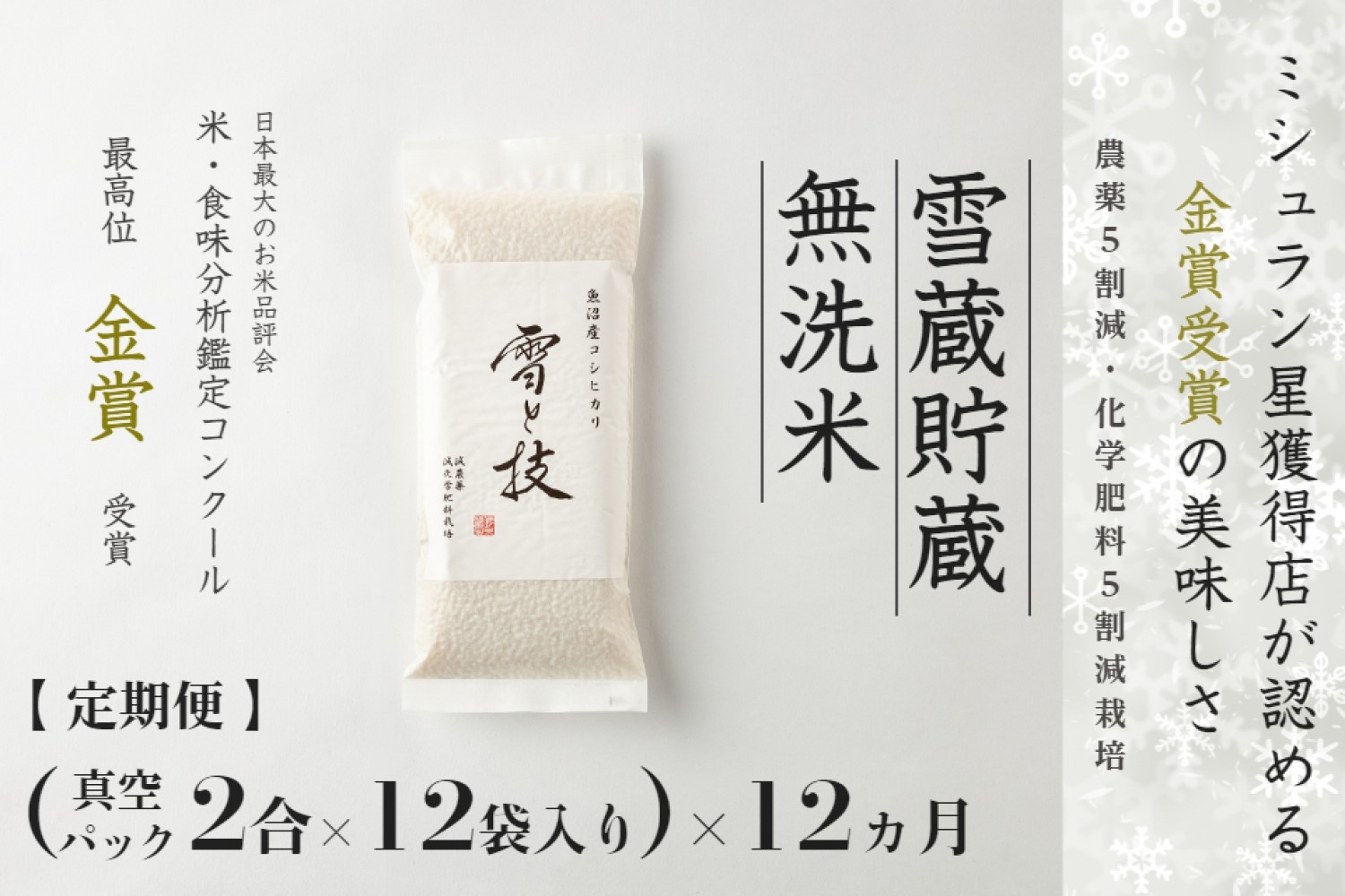 
            【 令和7年産 新米 予約 】 定期便 〔 真空パック 2合 ×12袋〕×12ヶ月 雪蔵貯蔵 無洗米  魚沼産コシヒカリ 雪と技 金賞受賞 農薬5割減・化学肥料5割減栽培　藤ノ木株式会社
          