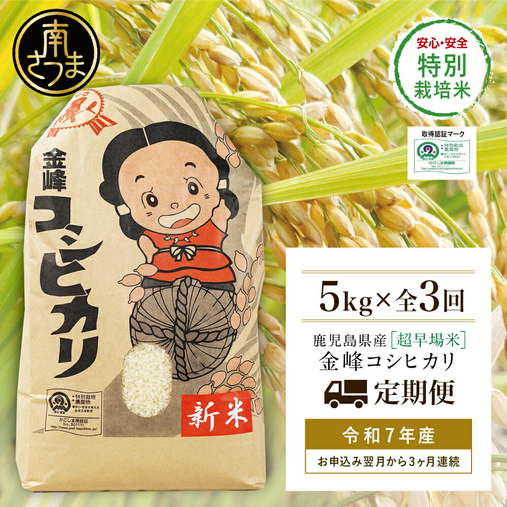 【ふるさと納税】【定期便 全3回】＜令和7年産＞ 特別栽培米 金峰コシヒカリ 石蔵米 5kg×3ヶ月 お米定期便 特別栽培農産物 コメ おこめ 5キロ こしひかり 米 鹿児島県産 2025年産 きんぽう木花館 南さつま市 送料無料