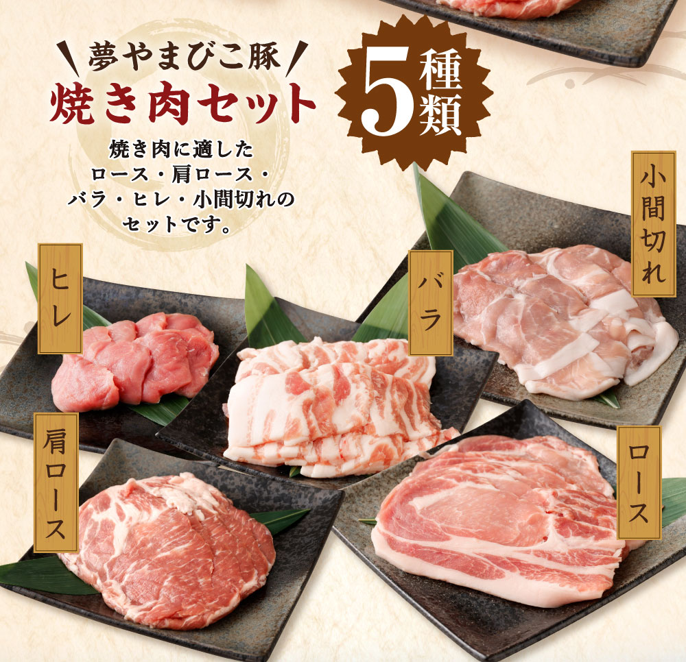 夢やまびこ豚 焼肉セット 1kg 5種類 (ロース・肩ロース・バラ・ヒレ・小間切れ) 肉 お肉 豚肉_イメージ2