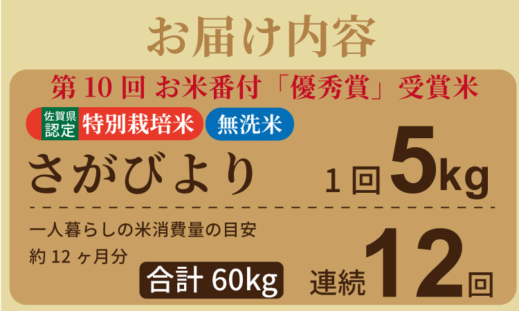 【定期便】連続12回 佐賀県認定 特別栽培米 さがびより 無洗米 5kg（5kg×12）しもむら農園